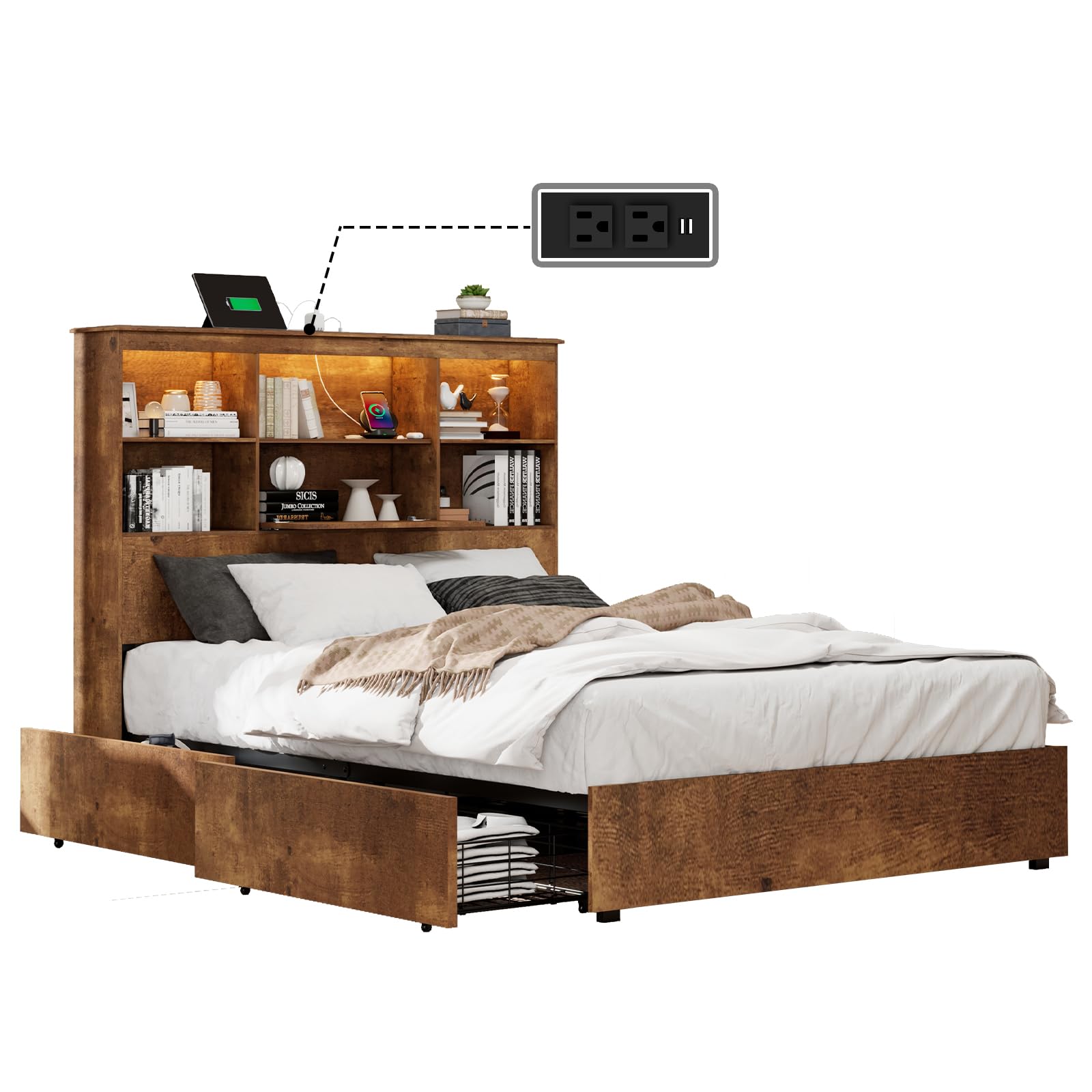 LUXOAK King Size Bed Frame with LED Bookcase Headboard, Wooden Storage Bed with Charging Station & 4 Drawers, No Box Spring Needed/Noise-Free/Rustic Brown