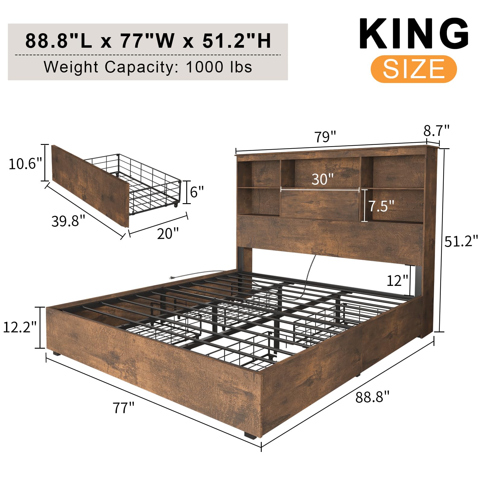 LUXOAK King Size Bed Frame with LED Bookcase Headboard, Wooden Storage Bed with Charging Station & 4 Drawers, No Box Spring Needed/Noise-Free/Rustic Brown