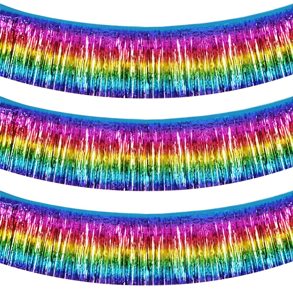 BEISHIDA 3 Packs Metallic Foil Fringe Garland Dark Rainbow Wall Hanging Tinsel Fringe Banners for Car Floats Bridal Shower Wedding Birthday Easter Graduation Holiday Party Decoration(30 Feet)