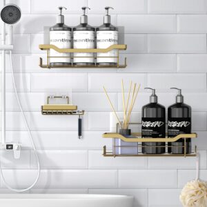 BATHDESIGN Shower Caddy Shelves Organizer Rack, 3 Pack Shower Caddy with Soap Holder, Shower Shelves for Inside Shower, No Drilling Wall Mounted Self Adhesive Shower Shelves, Matte Gold