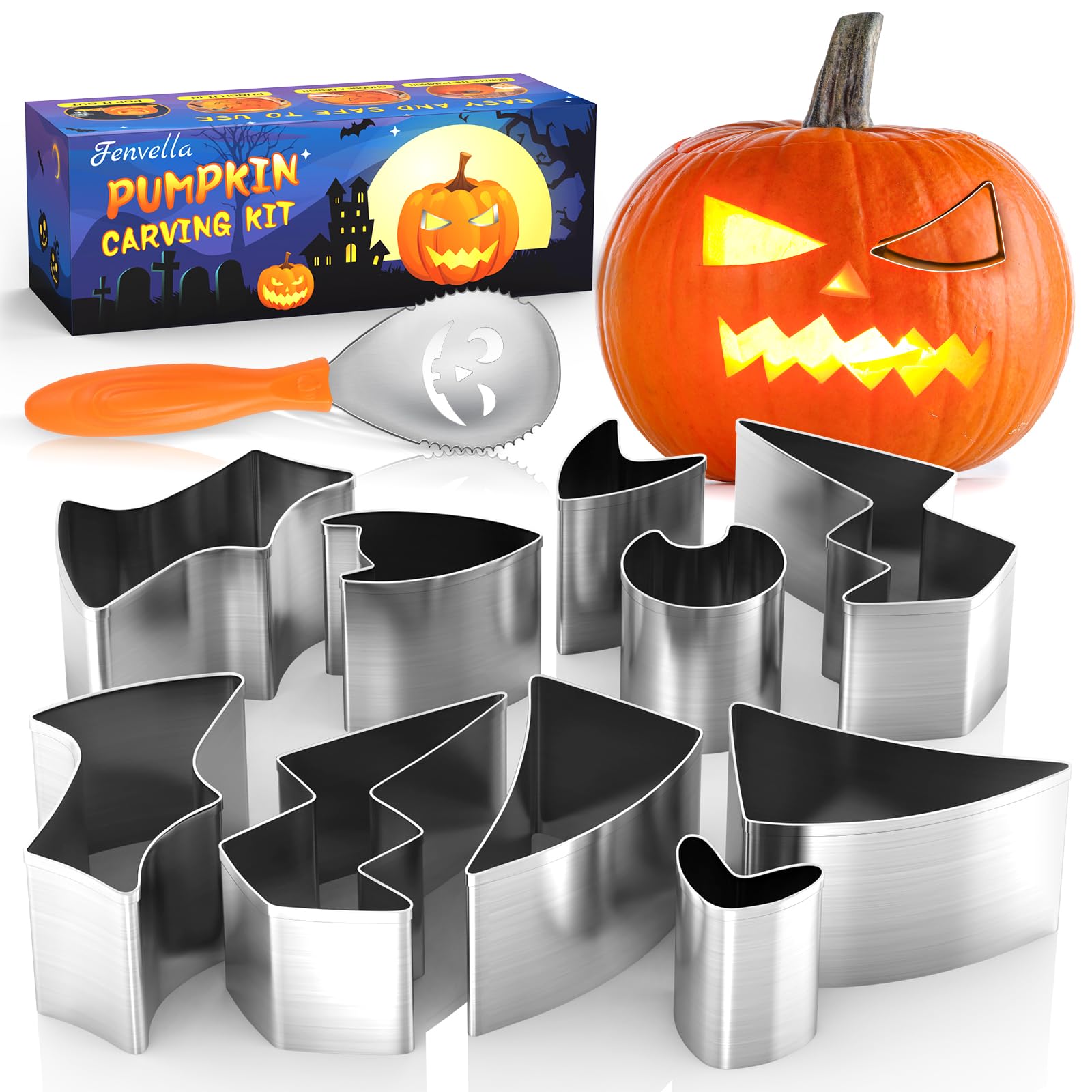 Fenvella Pumpkin Carving Kit for Kids, Safe Pumpkin Carving Tools Heavy Duty Stainless Steel Pumpkin Carver Set, DIY Halloween Pumpkin Carving Stencils, Professional Carving Kit Adults