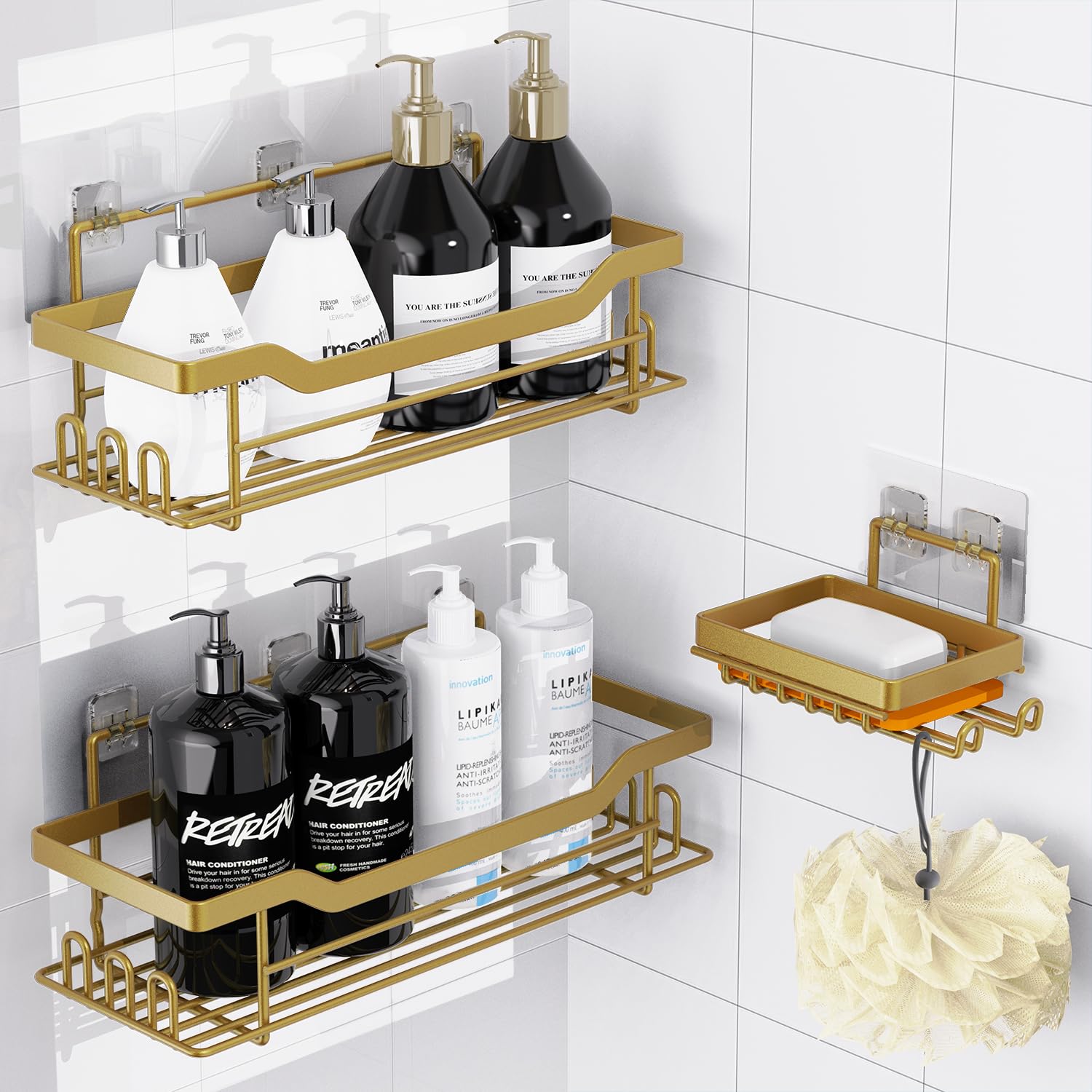 BATHDESIGN Shower Caddy Shelves Organizer Rack, 3 Pack Shower Caddy with Soap Holder, Shower Shelves for Inside Shower, No Drilling Wall Mounted Self Adhesive Shower Shelves, Matte Gold