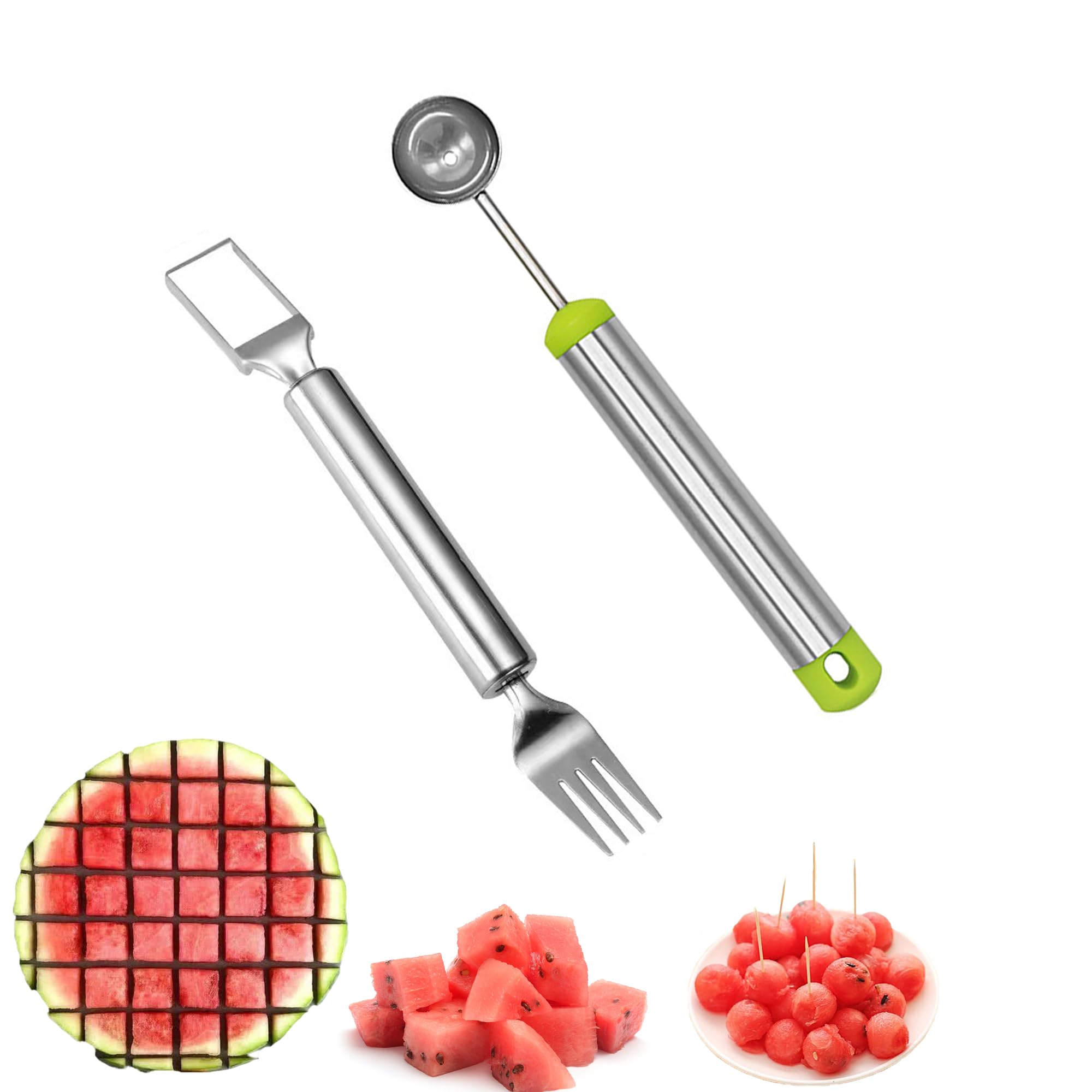 ZLMC 2-in-1 Watermelon Fork Slicer,Portable Stainless steel Watermelon Slicer with Melon Baller Scoop Extra,Dual Head Stainless Steel Fruit Forks Slicer Knife for Family Parties Camping(2PCS)