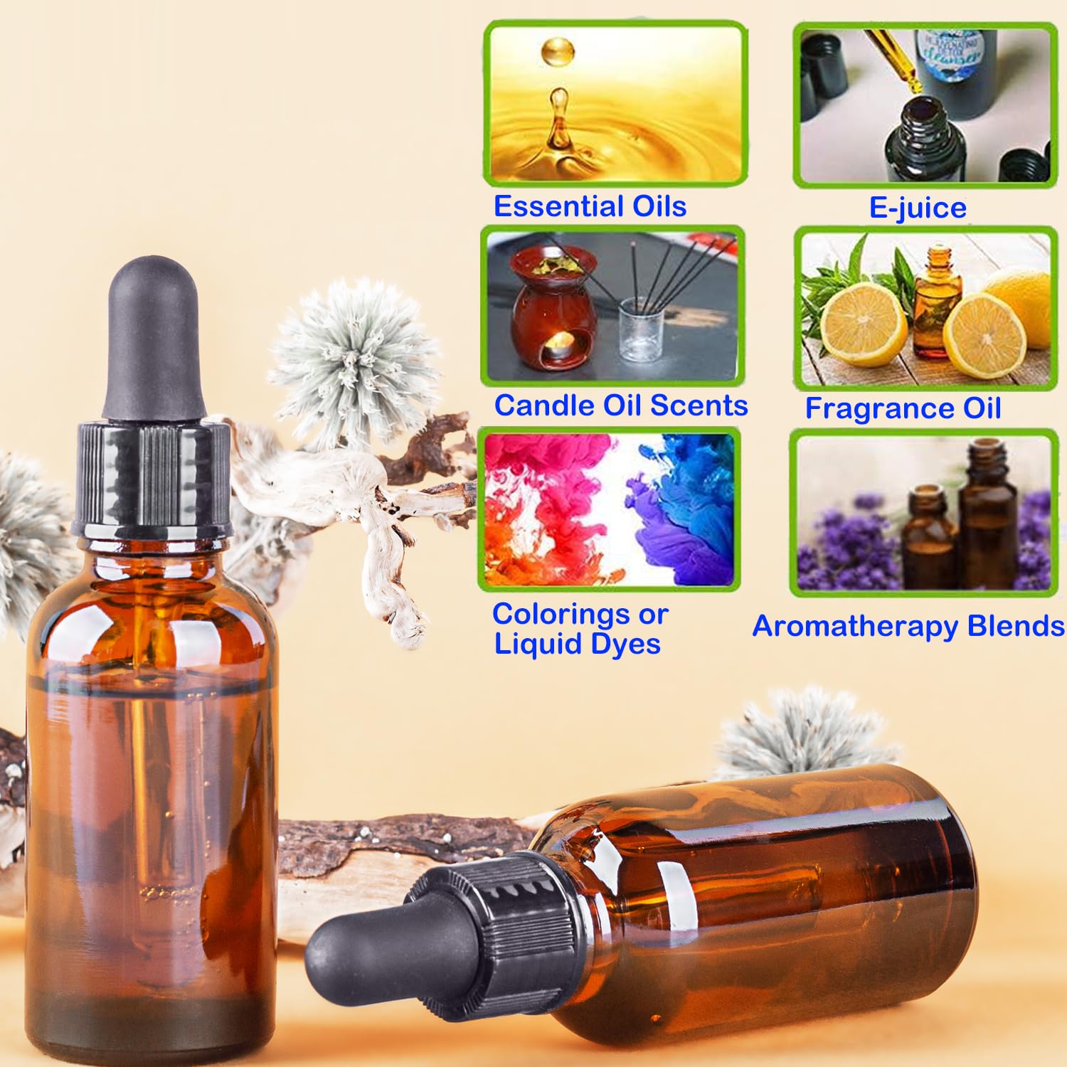 LANBEAUTIFY 2 oz Glass Dropper Bottles - 6 Pack Eye Dropper Bottles with Funnels & Labels - 60ml Amber Glass Tincture Bottles for Essential Oils, Liquids (2OZ-2PCS)