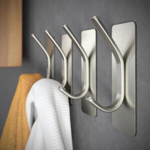 gluit adhesive towel hooks for bathroom wall hooks for hanging heavy duty for door coat rack sticky hanger holder durable stainless steel (silver, 4 pack)