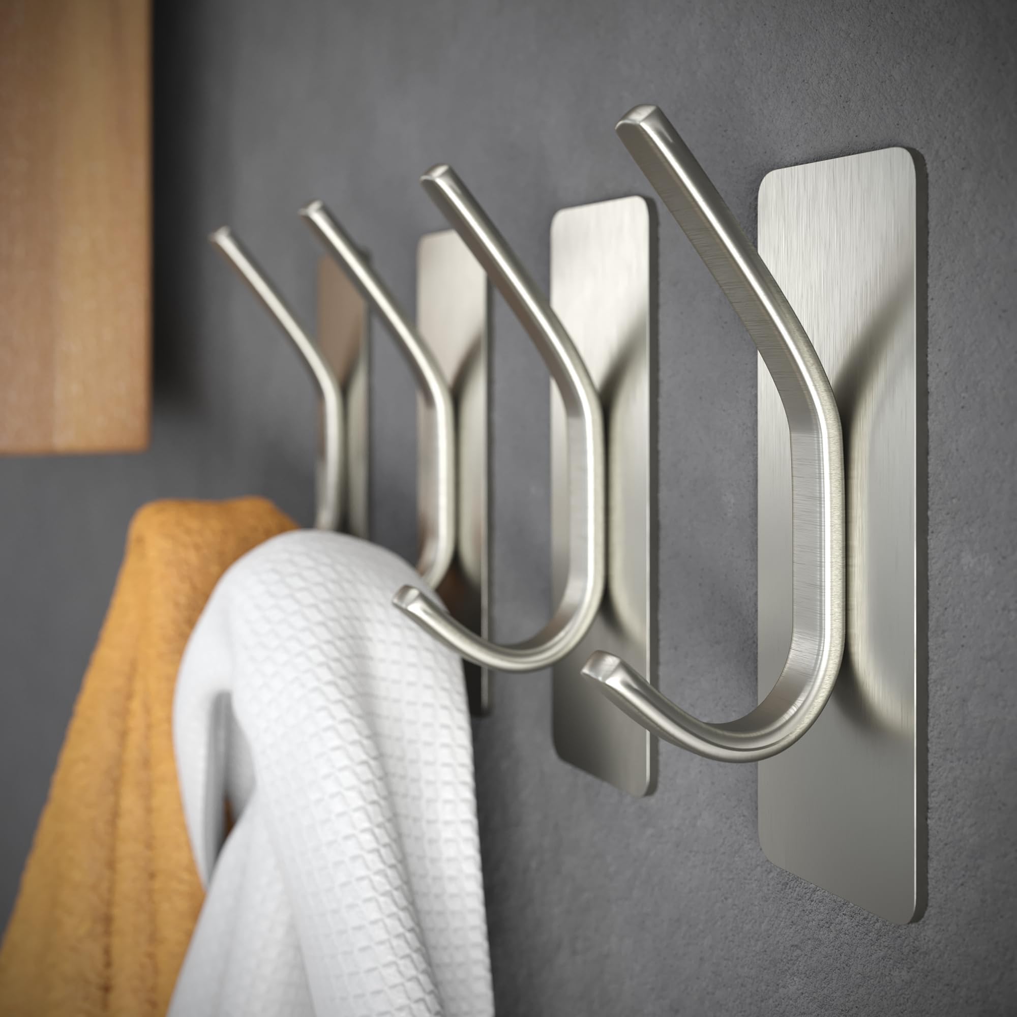 GLUIT Adhesive Towel Hooks for Bathroom Wall Hooks for Hanging Heavy Duty for Door Coat Rack Sticky Hanger Holder Durable Stainless Steel (Silver, 4 Pack)