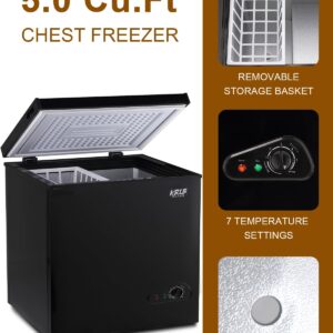 Chest Freezer KRIB BLING 5.0 cu.ft Mini Adjustable 7 Thermostat Compact Deep Freezer Top Door Low Noise with Removable Basket Black