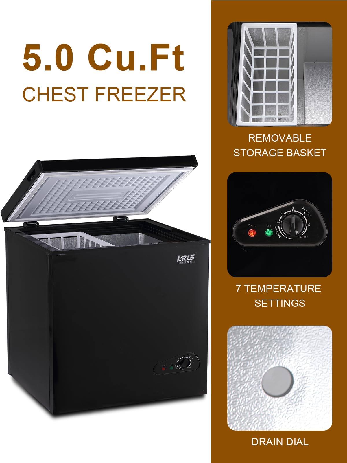 Chest Freezer KRIB BLING 5.0 cu.ft Mini Adjustable 7 Thermostat Compact Deep Freezer Top Door Low Noise with Removable Basket Black