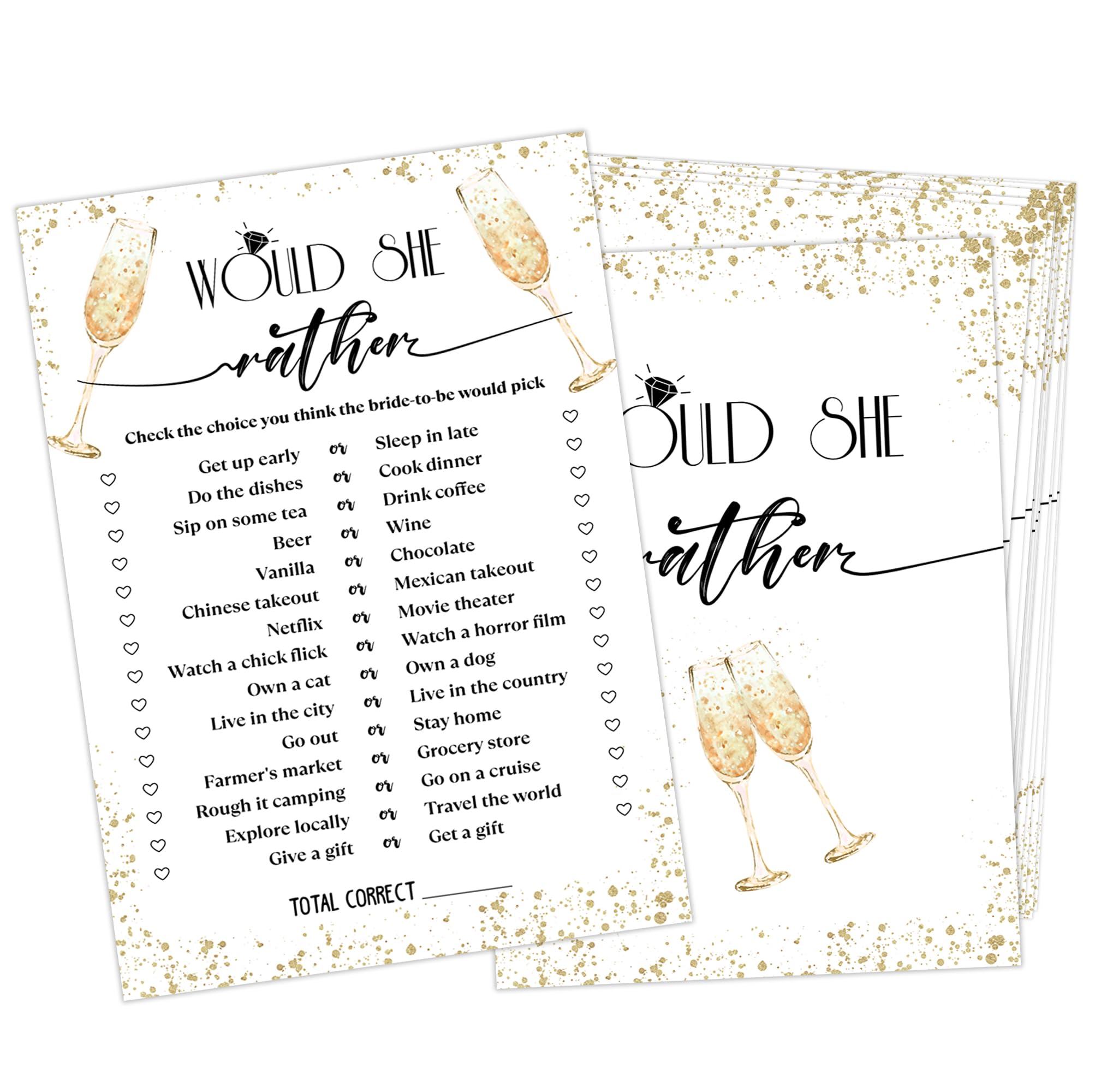 Would She Rather - Bridal Shower Game, Wedding Shower and Bachelorette Party - Set of 30 Cards, Gold Champagne Bridal Wedding Party Game Cards for Guests, Bridal Shower Party Decorations-LN1