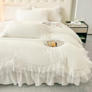 MOOWOO Chic Ruffle Lace Polyester Duvet Cover Set -Girl Red Bedding-3 Piece Queen Duvet Cover with Zipper Closure -Ultra Soft and Light Weight(White,Queen)