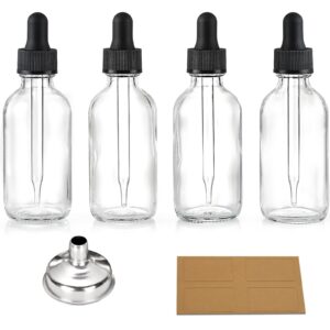 aozita 4 pcs, 2 oz clear eye dropper bottles with 1 stainless steel funnels & 4 labels - black caps 60ml thick glass tincture bottles - leakproof essential oils bottle for storage and travel