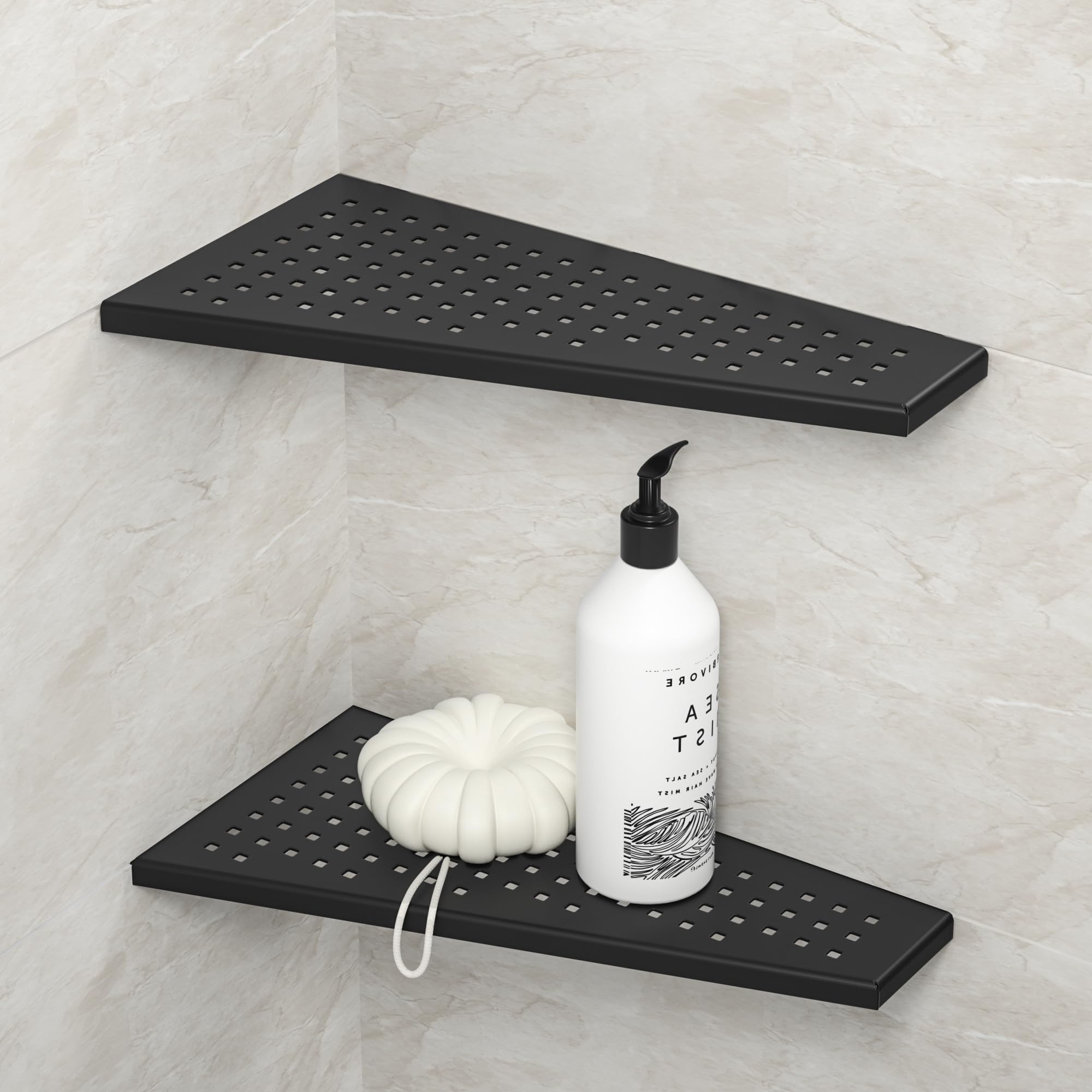 Bernkot Corner Shower Shelf 2PCS, Trapezoid Bathroom Shelves 12'' for Tiled Wall, 304 Stainless Steel Grout in Shelf, No Drilling Needed (Black)