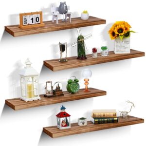 Sasylvia 4 Pcs Extra Long Floating Wall Shelves Book Rustic Thick Shelves for Wall Decor Wall Mounted Wood Farmhouse Bathroom Hanging Shelf for Bedroom Living Room Kitchen(Brown, 35 x 9.5 x 1.5)