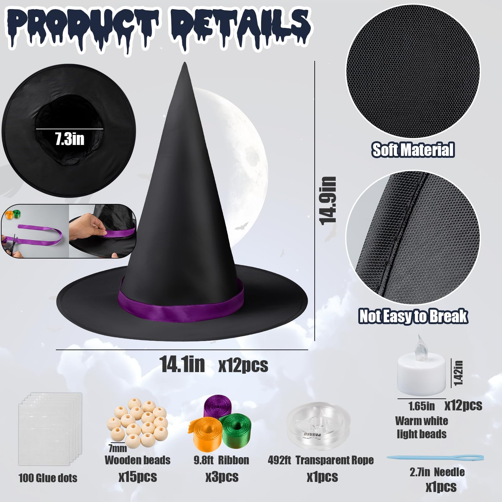 Halloween Hanging Witch Hats Decorations - 12PCS Black Witch Hats with Lights DIY Floating Witch Hats with 28PCS 3D Bats and Creepy Cloth for Kids Halloween Porch Tree Party Decorations