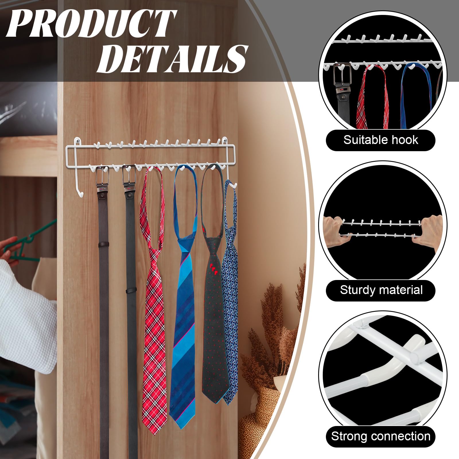 Gisafai 4 Pcs Tie Rack with Rubber Tips Wall Mount Belt Organizer for Closet 100 Hooks in Total Hanging Tie and Belt Rack Belt Hanger for Men Closet for Holding Belts Ties Scarves Handbags