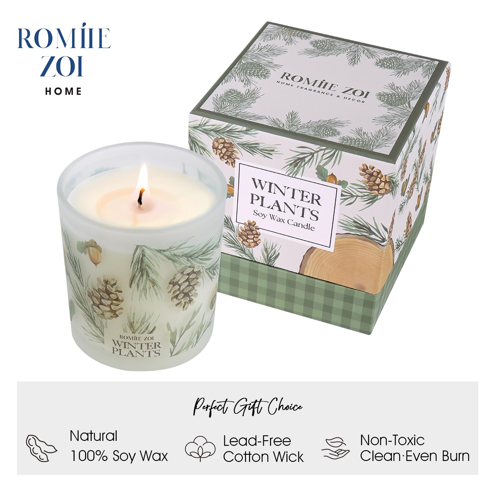 ROMIIE ZOI Christmas Scented Candle - 6oz Soy Wax Candle for Christmas Decoration, Winter Candle, Infused with Winter Pine Aroma - Cream & Green Gift Box Packaged for Christmas Holiday Season Gift