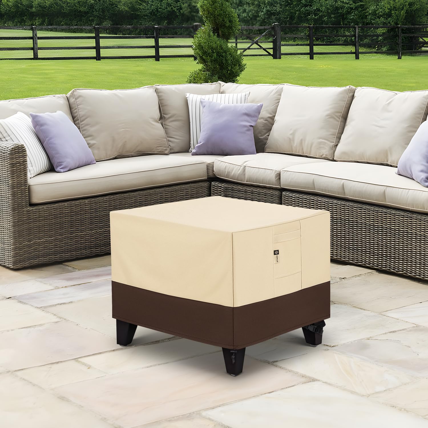 Arcedo Square Outdoor Ottoman Cover, Waterproof Coffee Table Cover, Patio Side Table Cover, Patio Ottoman Cover for Outdoor Furniture, 26”L x 26”W x 18”H, Durable and Stylish, Beige and Brown