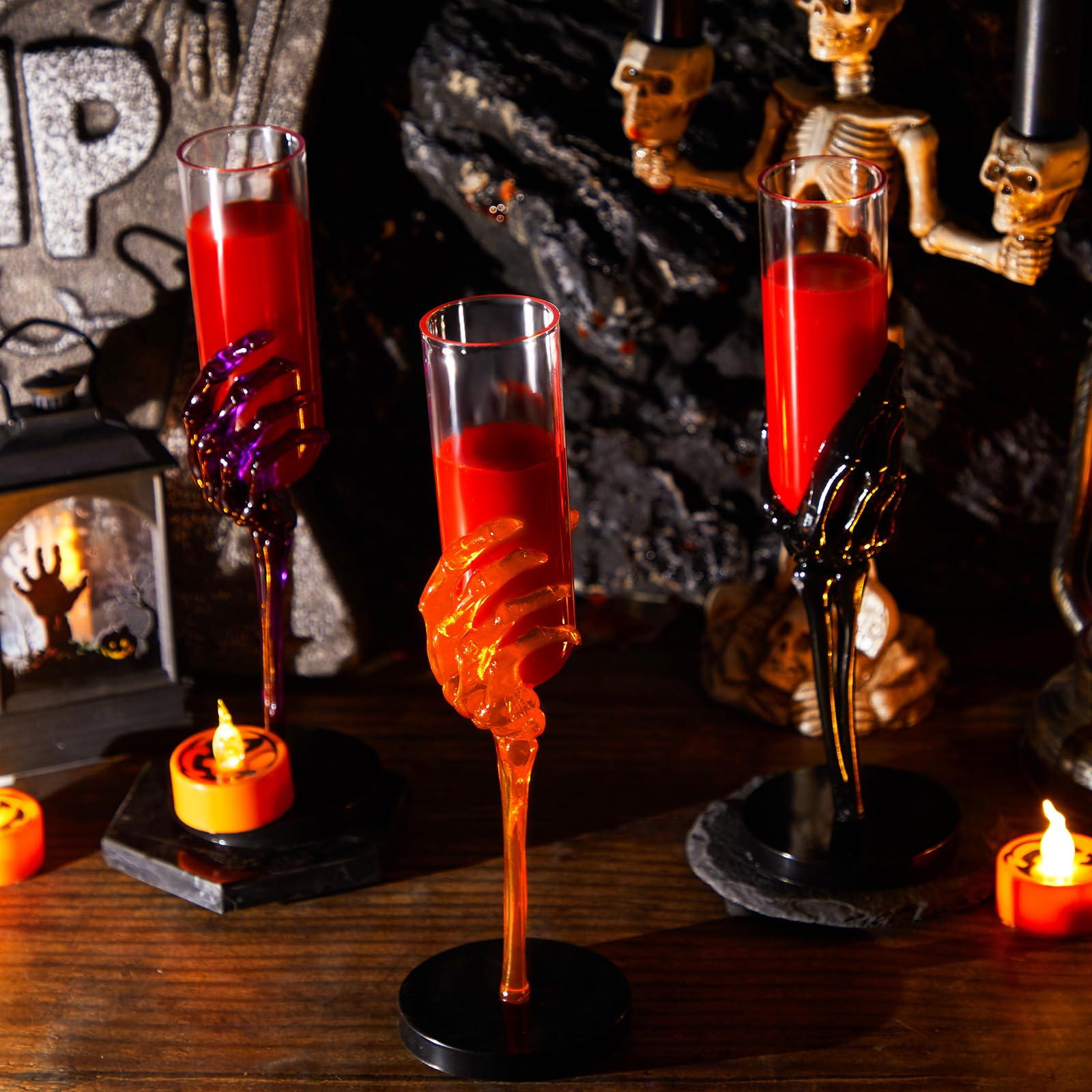 Tanlade 2.7 oz Halloween Goblets with Spooky Skeleton Hand Plastic Champagne Flutes Cups for Decorations and Haunted House(Orange, Black, Purple,12 Pcs)