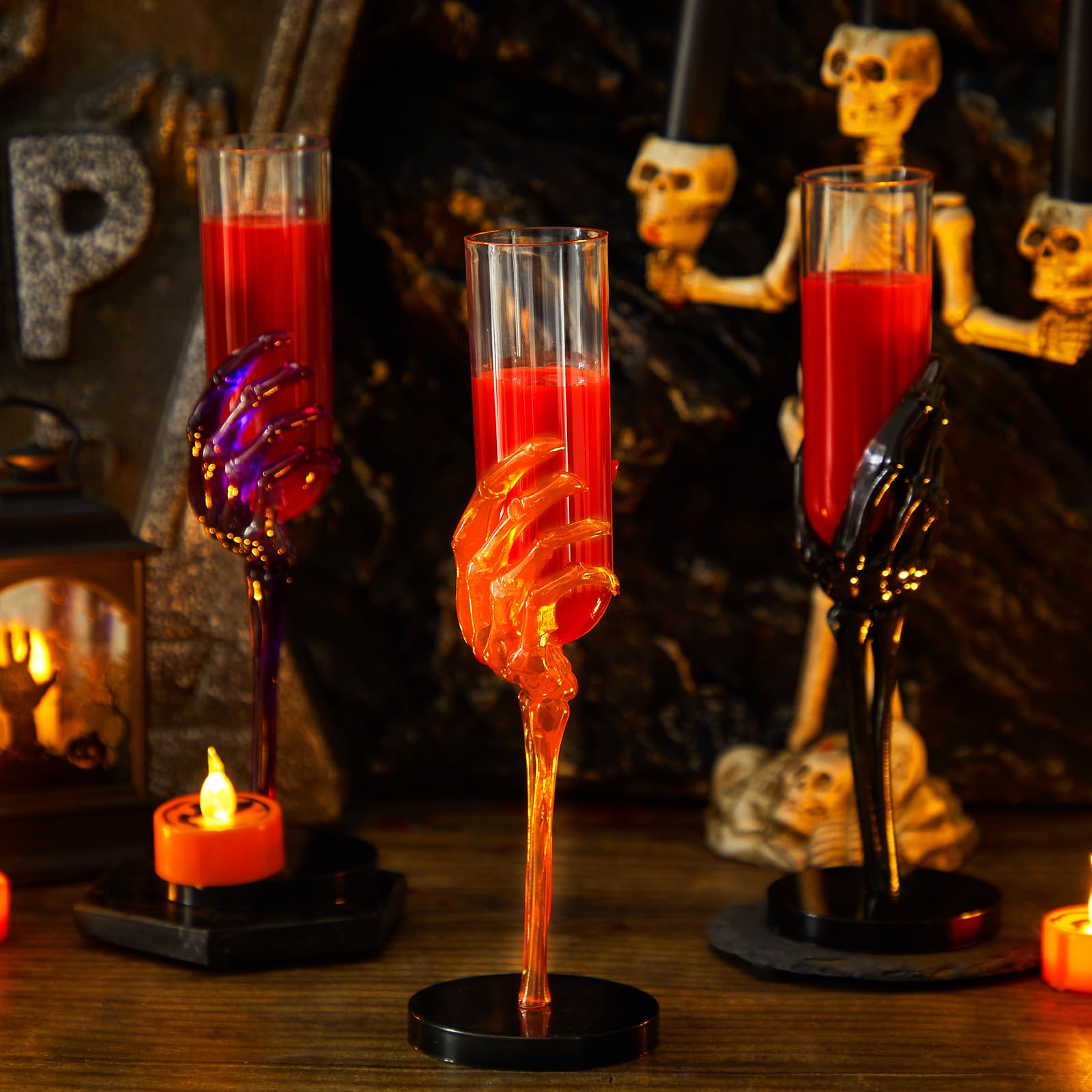 Tanlade 2.7 oz Halloween Goblets with Spooky Skeleton Hand Plastic Champagne Flutes Cups for Decorations and Haunted House(Orange, Black, Purple,12 Pcs)