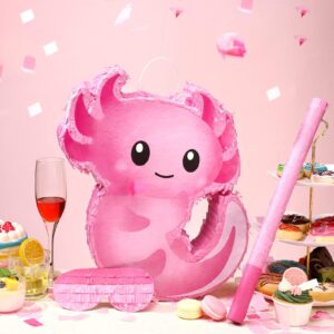 Leyndo Pink Axolotl Piñata for Birthday Party Pink Piñata with Stick Blindfold Confetti for adults Gift Halloween Party Decoration, Baby Shower, Axolotl Party Supplies, 15.7 x 11.8 Inch