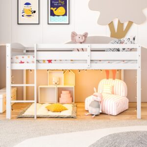 KOTEK Twin Loft Bed, Solid Wood Low Loft Bed for Kids with Ladder & Guard Rails, No Box Spring Needed, Space-Saving Loft Bed Frame for Boys & Girls (White)