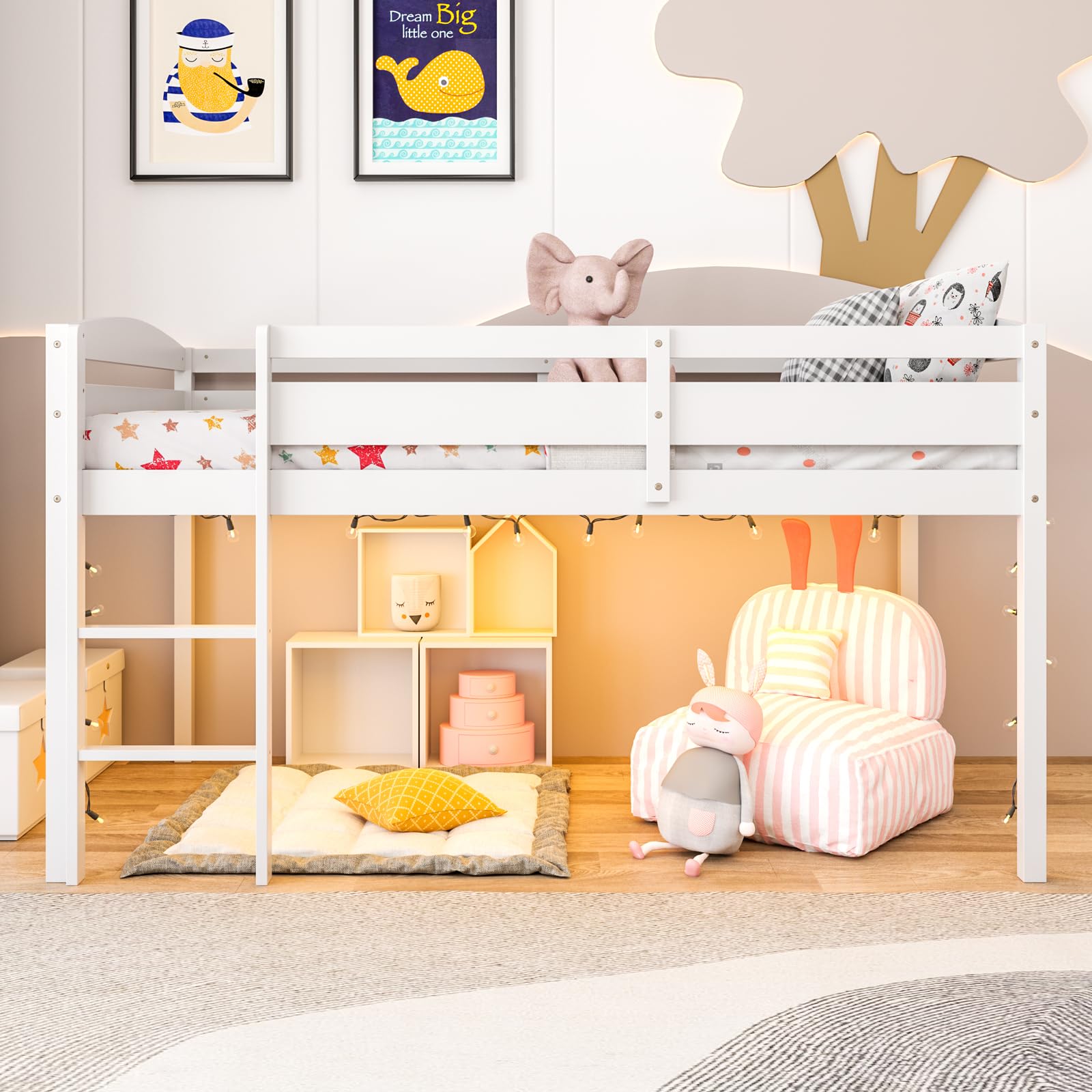 KOTEK Twin Loft Bed, Solid Wood Low Loft Bed for Kids with Ladder & Guard Rails, No Box Spring Needed, Space-Saving Loft Bed Frame for Boys & Girls (White)