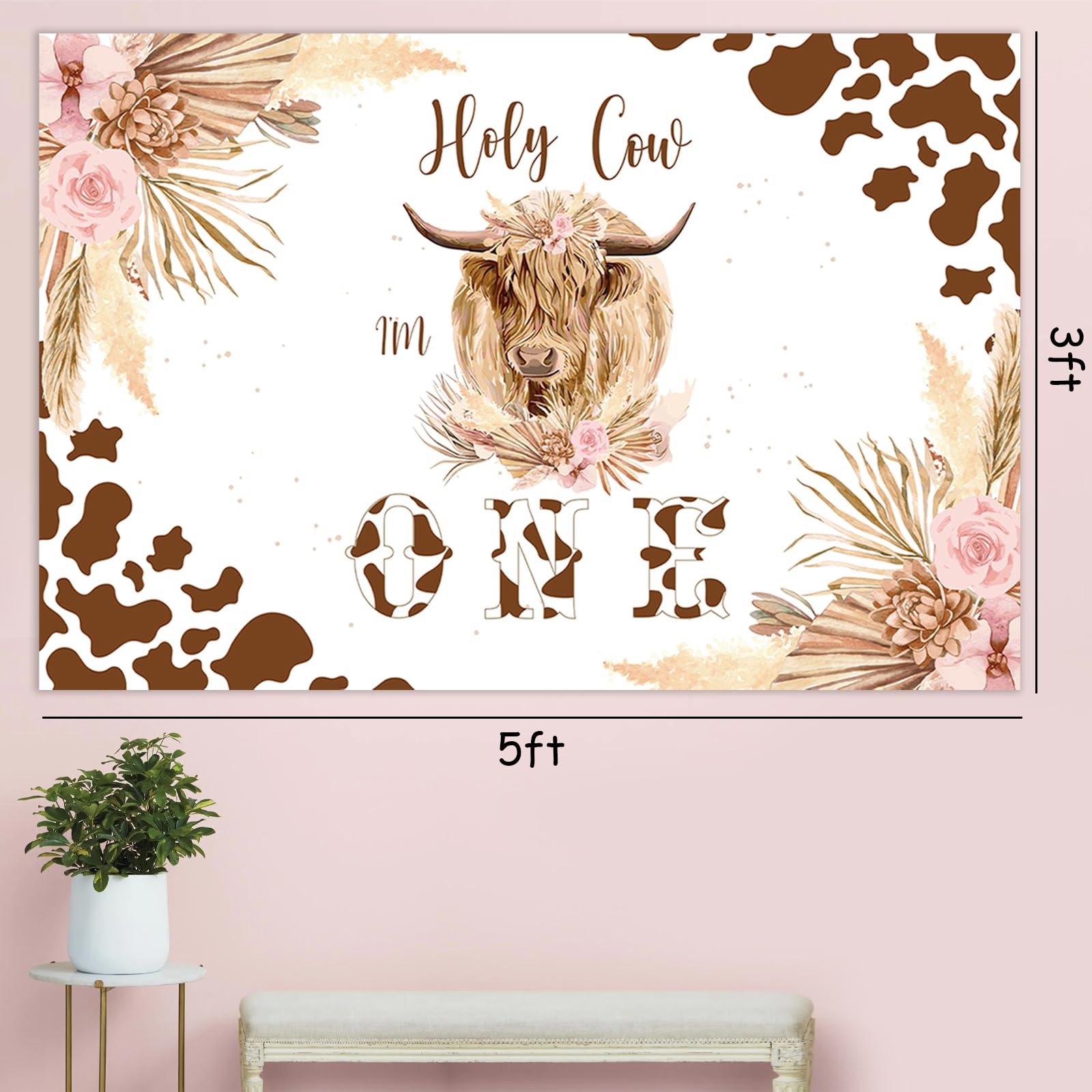 Highland Cow 1st Birthday Decorations Girl - Holy Cow Im One Backdrop, Highland Cattle High Chair Banner, Cake Topper, Foil Balloons for Pink Boho Floral Highland Cow Farm Animal Party Supplies