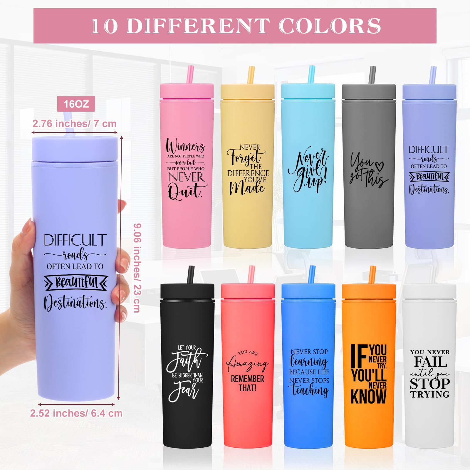 Tioncy 10 Pcs Employee Appreciation Gifts Bulk Thank You Gift 16oz Matte Inspirational Skinny Tumbler with Lid and Straw Christmas Appreciation Team Gifts for Coworker Teacher(Charming)