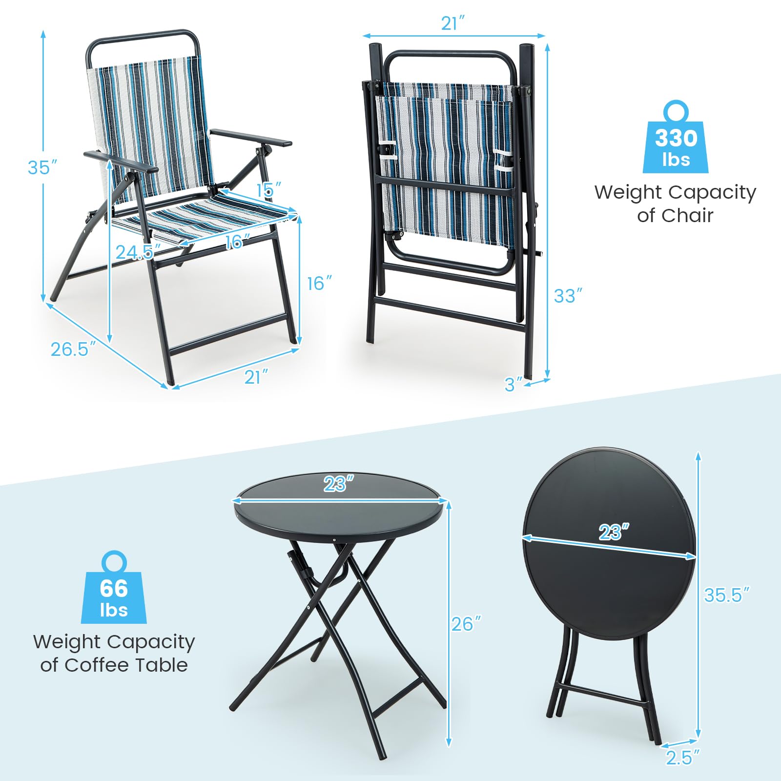 Giantex 3 Pcs Patio Bistro Set, Folding Table and Chairs Set, Metal Outdoor Dining Set with 2 Chairs, Glass Round Side Table, Conversation Furniture Set for Yard Porch Deck Backyard