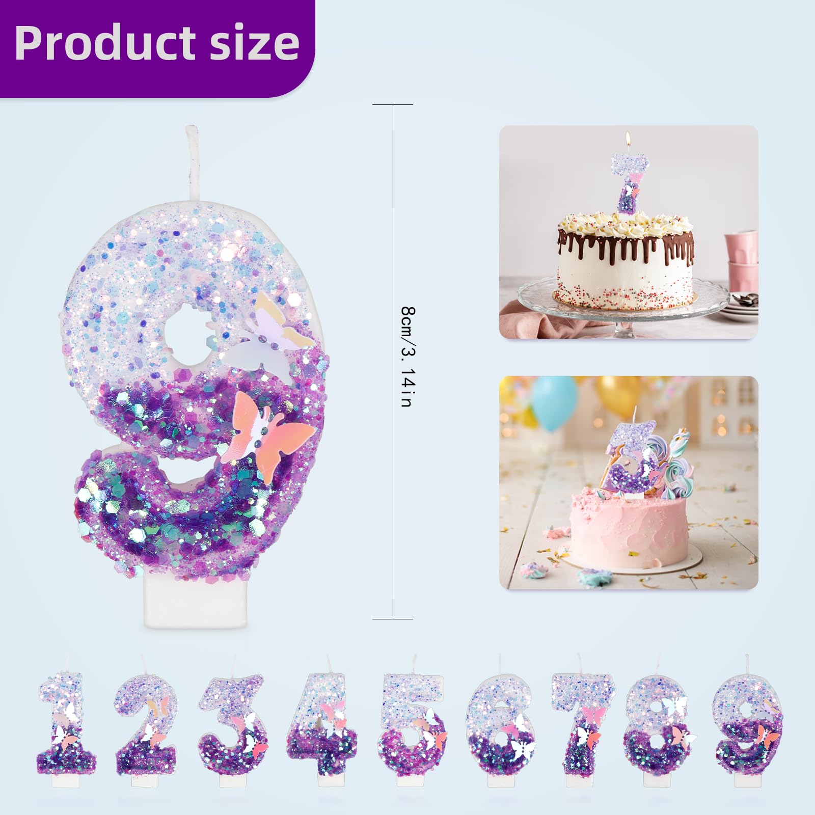 Birthday Candles Number 10 Candle, Butterfly 10th Birthday Decorations for Women/Girl, Purple Happy Birthday Candle for Cake, Handmade Sequin Numeral Candle Wedding Cake Topper Anniversary Party Decor