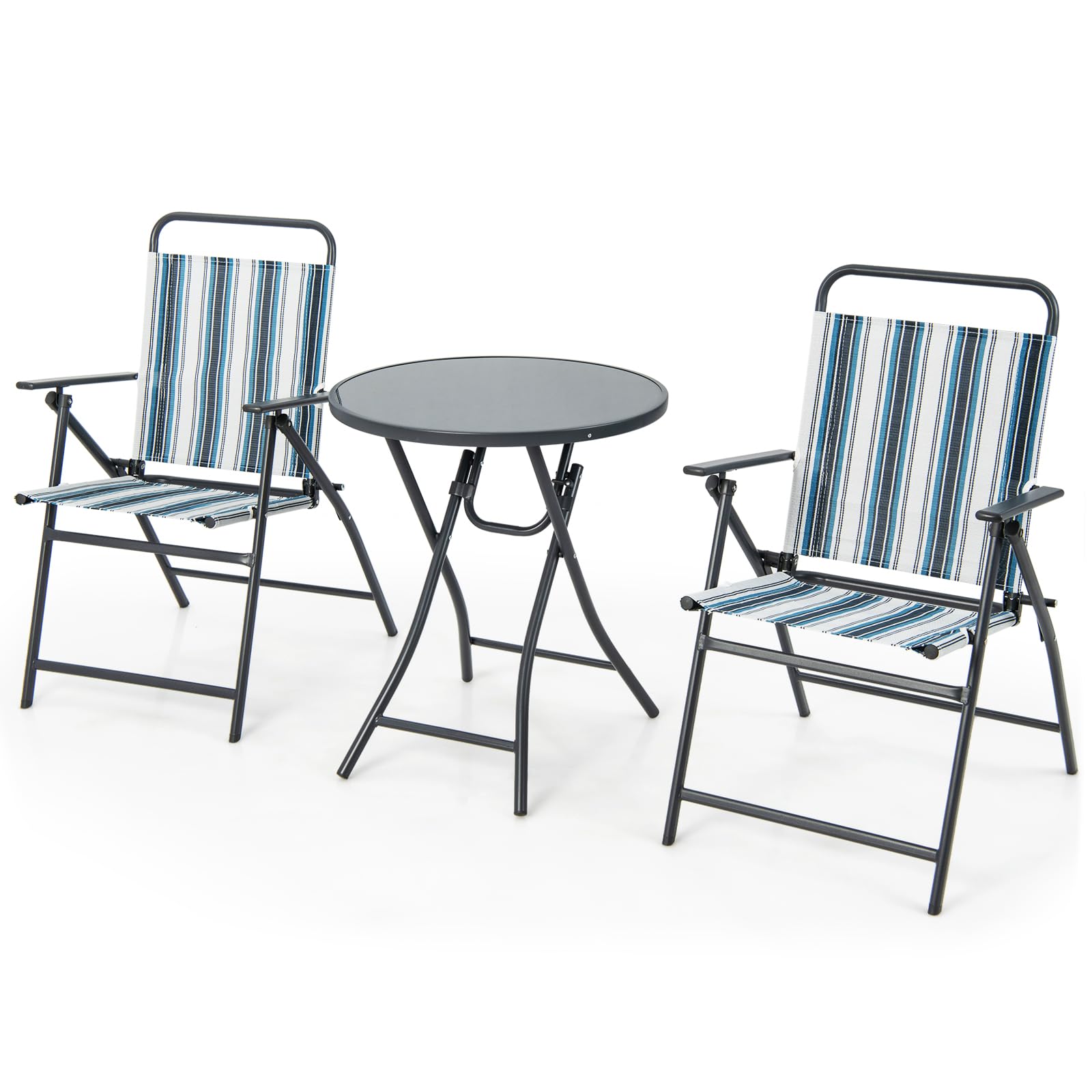 Giantex 3 Pcs Patio Bistro Set, Folding Table and Chairs Set, Metal Outdoor Dining Set with 2 Chairs, Glass Round Side Table, Conversation Furniture Set for Yard Porch Deck Backyard