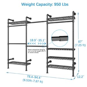 Timate F3 Garment Rack Heavy Duty Clothes Rack for Hanging Clothes, Expandable Industrial Pipe Wall Mounted Clothing Rack, Adjustable Storage Closet Wardrobe Closet Kit Walk in Closet Systems, Black