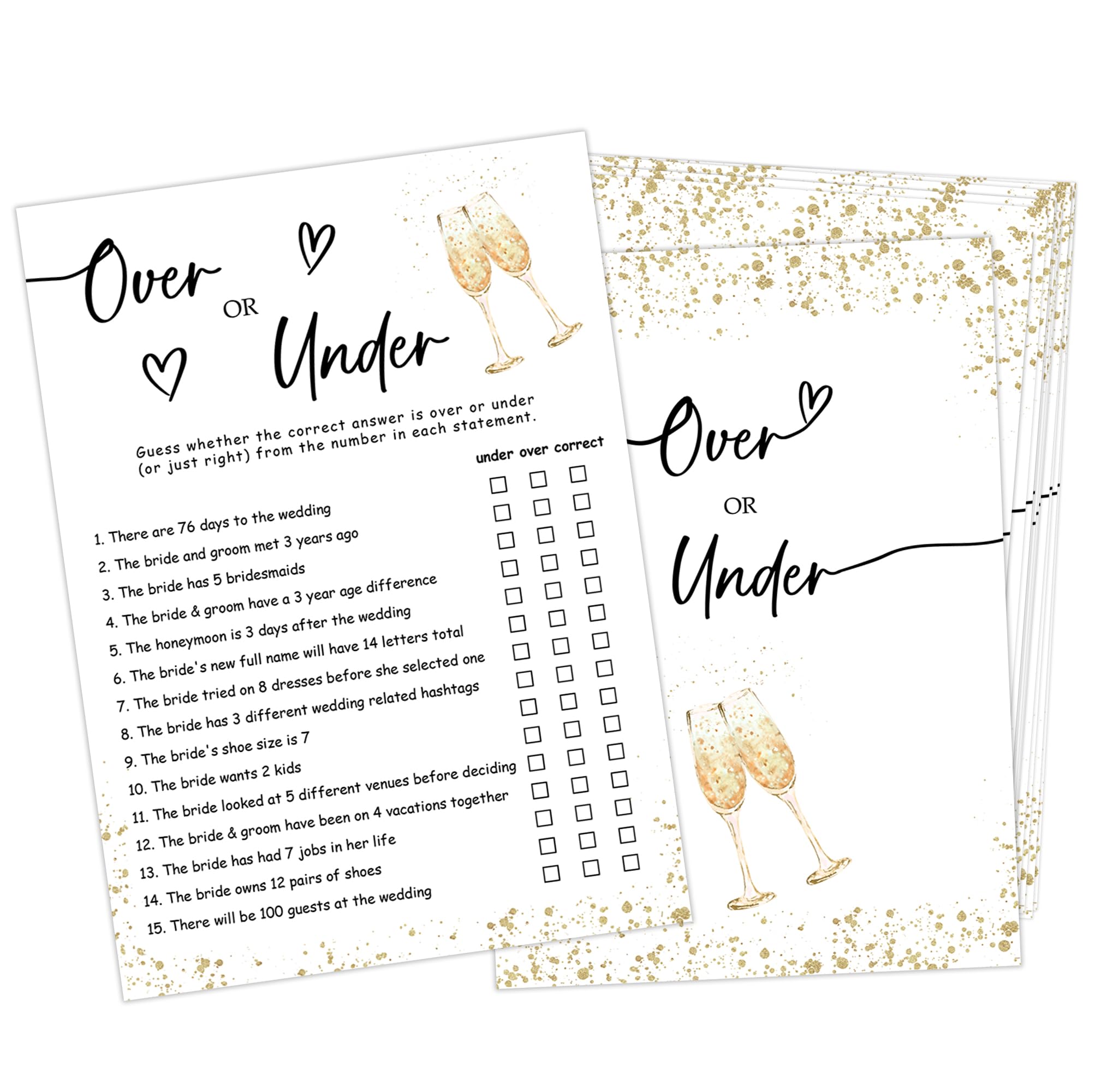 Over or Under Game Bridal Shower Games, Wedding Shower and Bachelorette Party - Set of 30 Cards, Gold Champagne Bridal Wedding Activities Game Cards for Guests, Bridal Shower Party Decorations-LI1