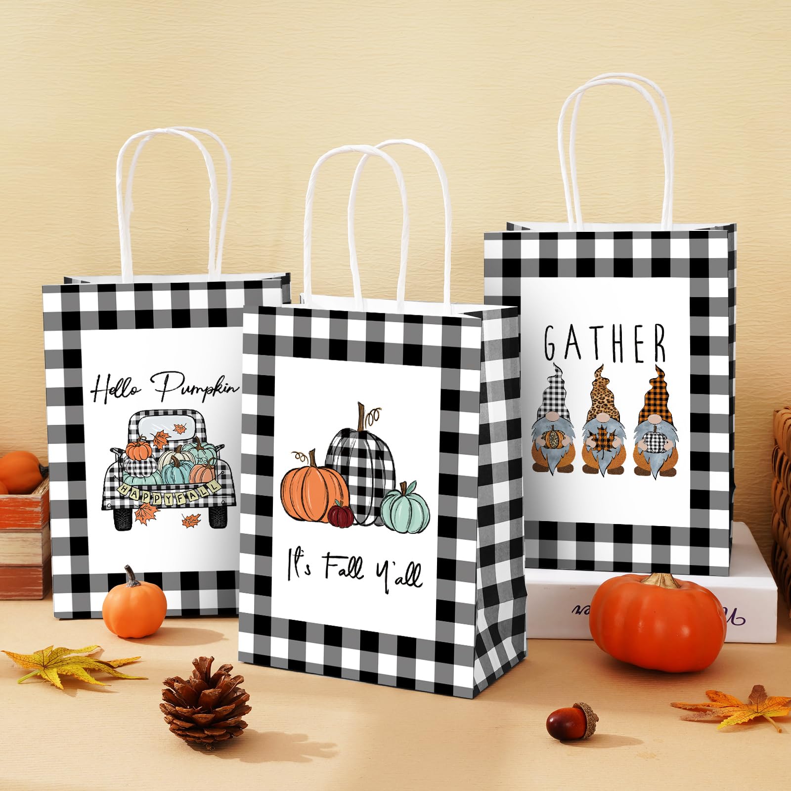 AnyDesign 12Pcs Fall Paper Gift Bags with Handle Autumn Pumpkin Gnomes Truck Goodie Bag Farmhouse Plaid Party Favor Bags for Fall Thanksgiving Birthday Wedding Party Favors, 5.9 x 8.3 x 3.2 Inch