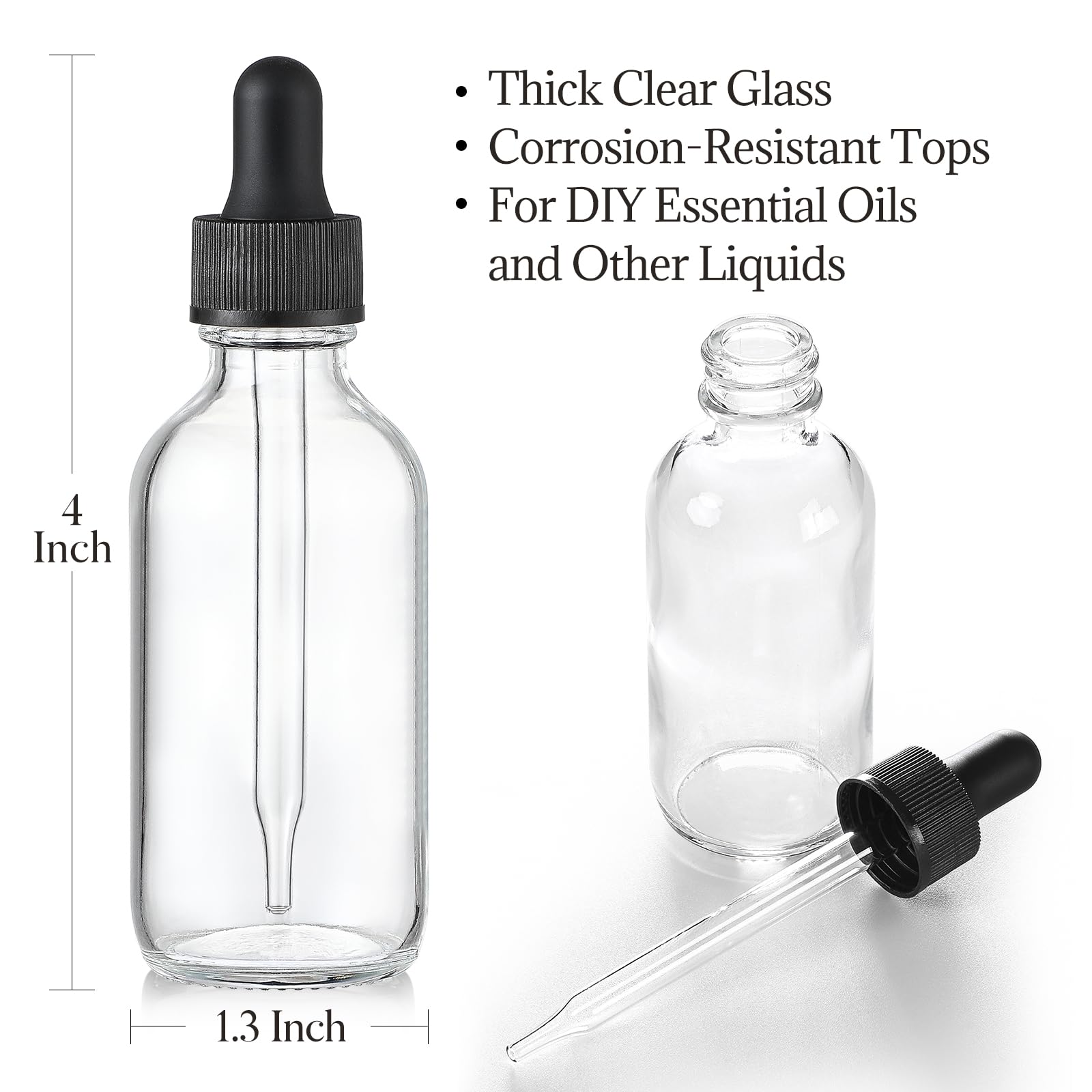 AOZITA Set of 4, 1 oz Clear Eye Dropper Bottles with 1 Stainless Steel Funnels & 4 Labels - Black Caps 30ml Thick Glass Tincture Bottles - Leakproof Essential Oils Bottle for Storage and Travel