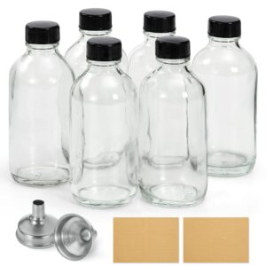 6 pack, 4 oz small clear glass bottles with lids & 2 stainless steel funnels - 120ml boston sample bottles for potion, juice, wellness, ginger shots, whiskey, liquids - mini travel essential bottles