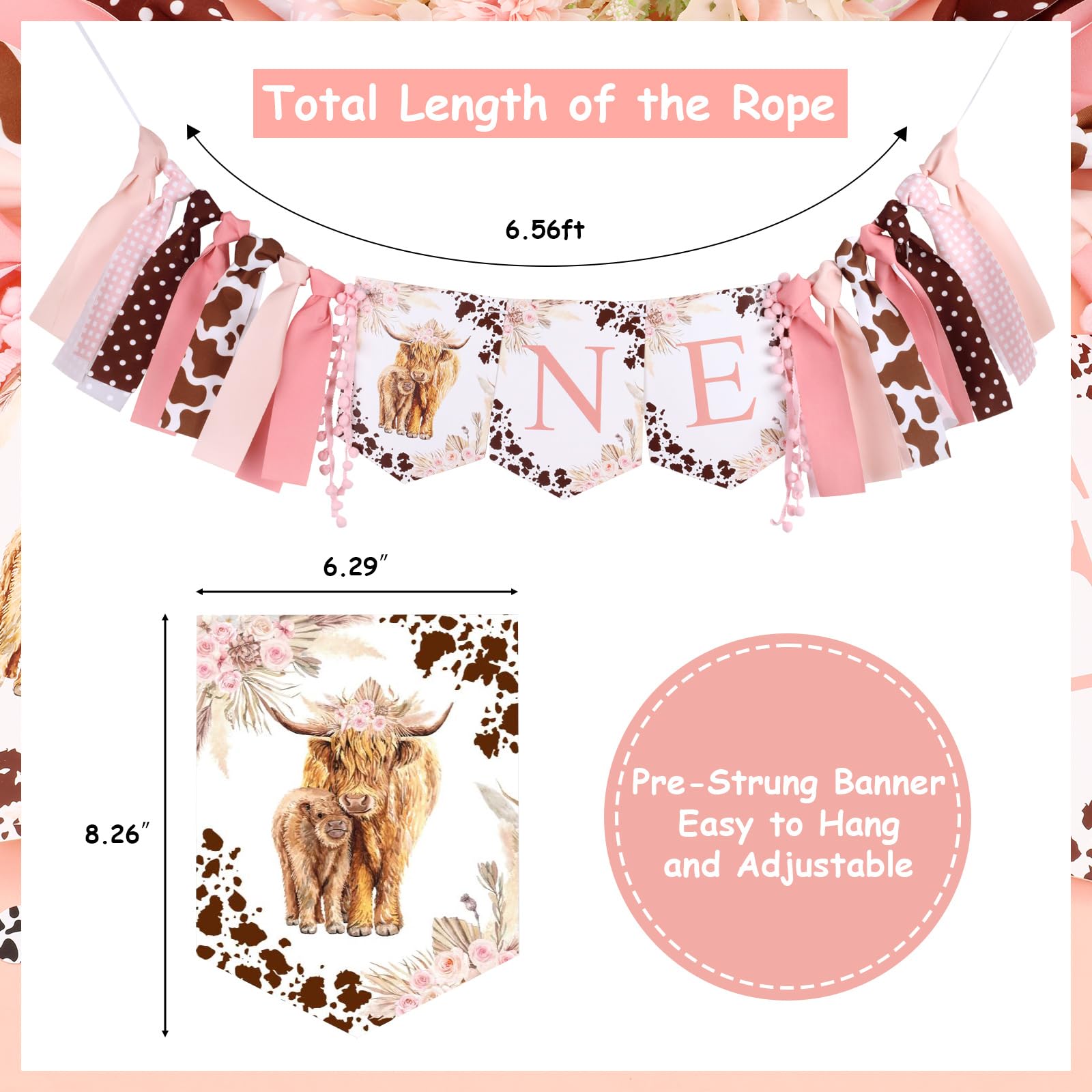 Highland Cow 1st Birthday Decorations Girl - Highland Cow High Chair Banner, Boho Highland Cattle Party Decorations, Pink Holy Cow Im One Farm Animal Birthday Party Decorations