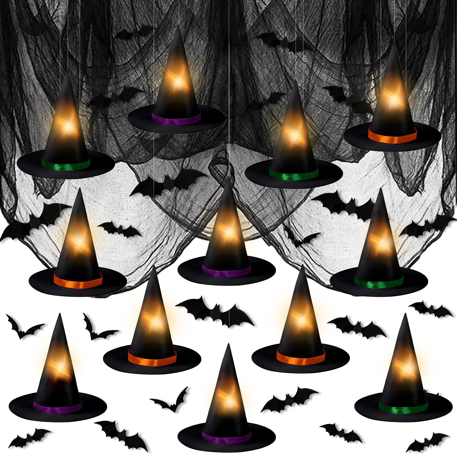 Halloween Hanging Witch Hats Decorations - 12PCS Black Witch Hats with Lights DIY Floating Witch Hats with 28PCS 3D Bats and Creepy Cloth for Kids Halloween Porch Tree Party Decorations