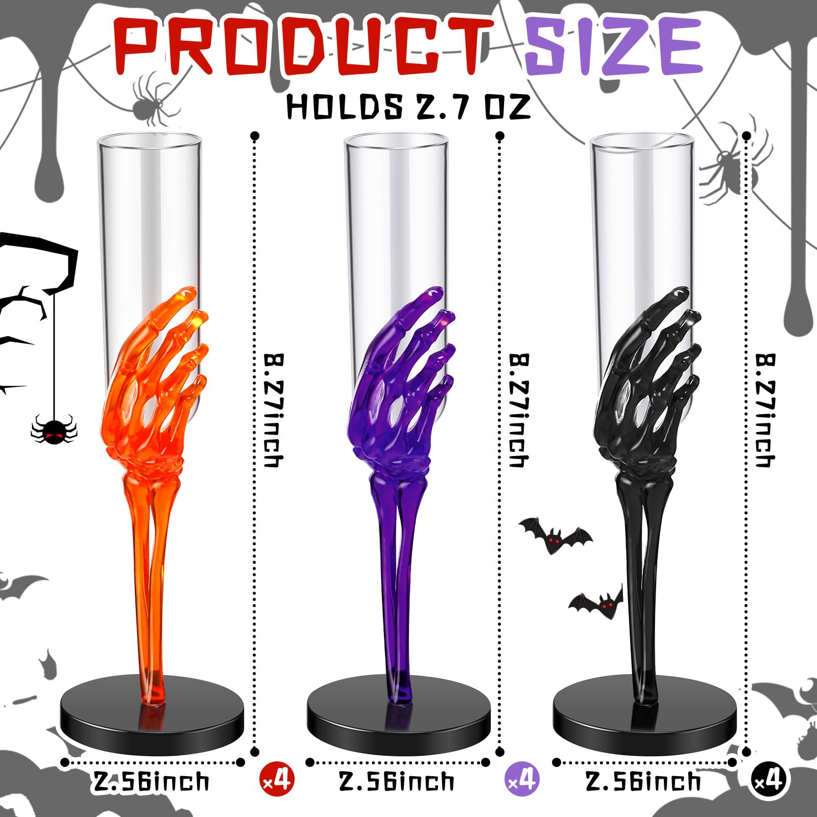 Tanlade 2.7 oz Halloween Goblets with Spooky Skeleton Hand Plastic Champagne Flutes Cups for Decorations and Haunted House(Orange, Black, Purple,12 Pcs)