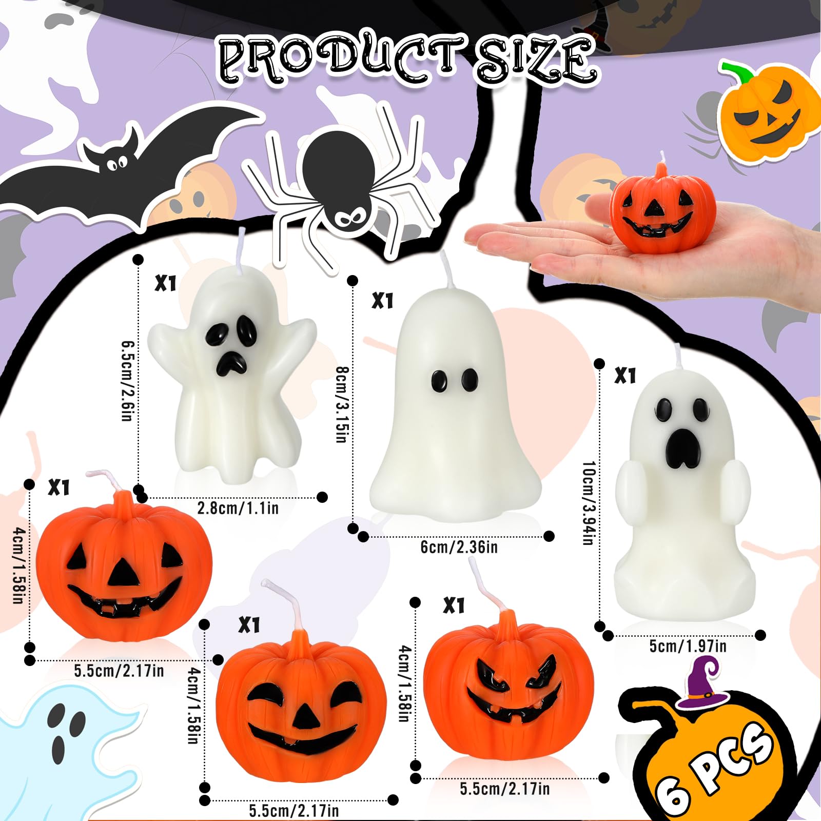 MTLEE 6 Pieces Halloween Ghost Candles Halloween Cute Pumpkin Decorative Tabletop Candle Set Halloween Ghost Candle Set Delicate Candles for Home Halloween Decor