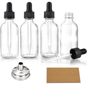 aozita set of 4, 1 oz clear eye dropper bottles with 1 stainless steel funnels & 4 labels - black caps 30ml thick glass tincture bottles - leakproof essential oils bottle for storage and travel