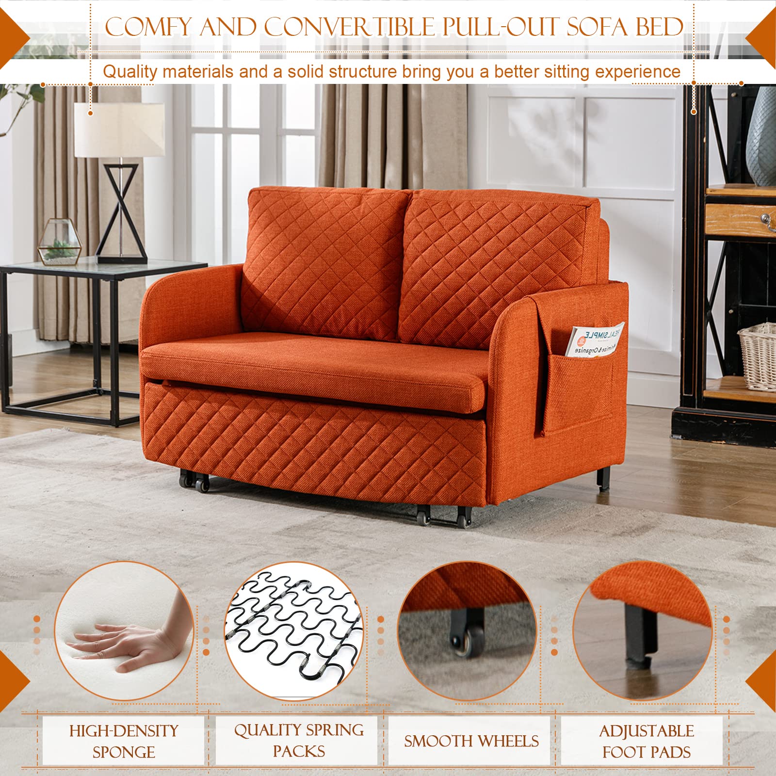 Pull Out Futon Sofa Bed, Convertible Small Loveseat Sleeper with Storage Drawer, 3 in 1 Futon Couch with Removable Pocket and 2 Pillows, Modern Love Seat for Living Room, Guest Room, Deep Orange