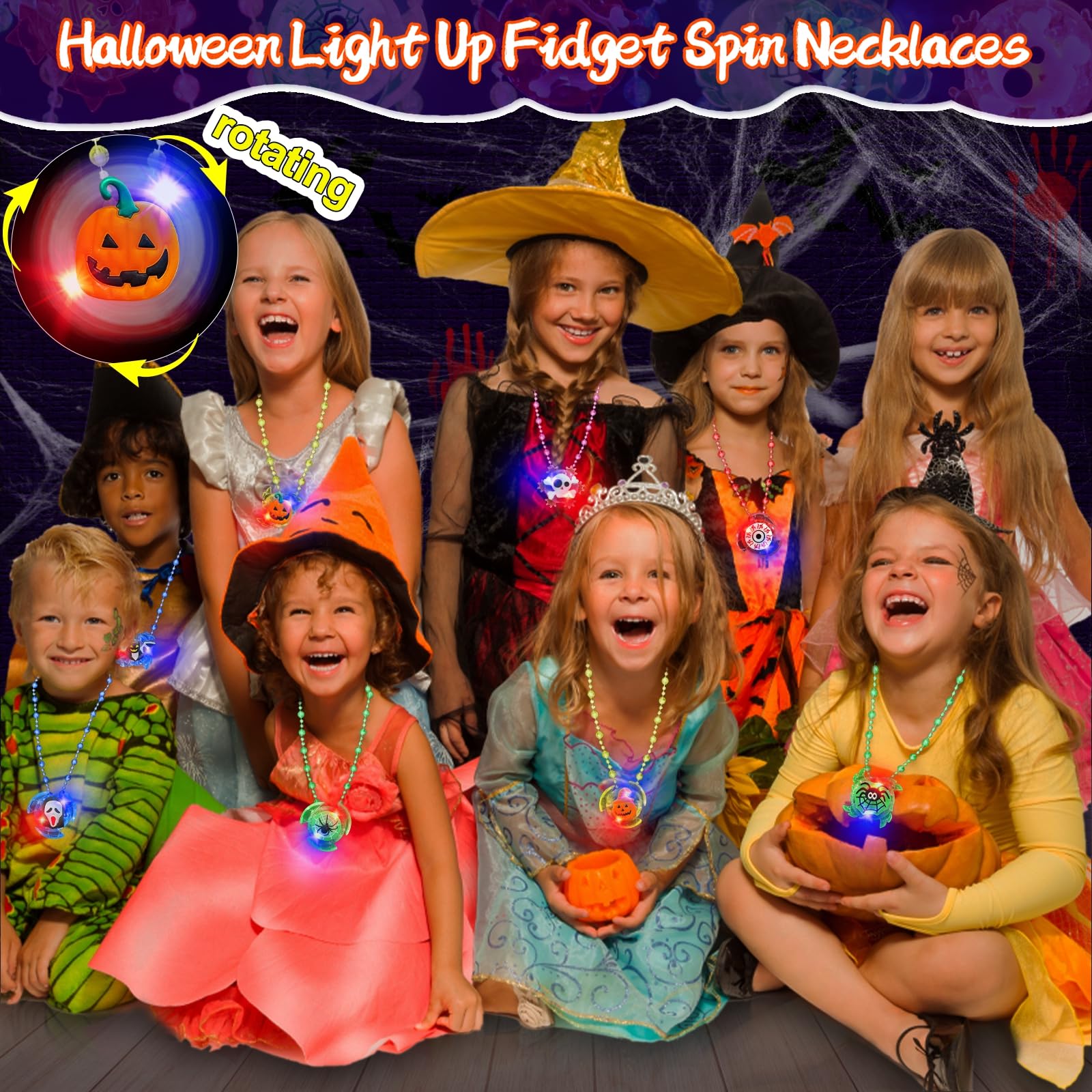 [ Rotating Fidget ] 15 Pack Halloween Spin LED Necklaces Toys Party Favors Toys for Kids 15 Styles Spider Ghost Halloween Light Up Trick or Treat Toys Goodie Bag Filler Glow in The Dark Party Supplies