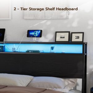 IKIFLY King Size Storage Headboard with LED Lights & Charging Station - Industrial Metal and Wood King Headboard Only for Bedroom, Attach Frame, Easy Assembly - Black