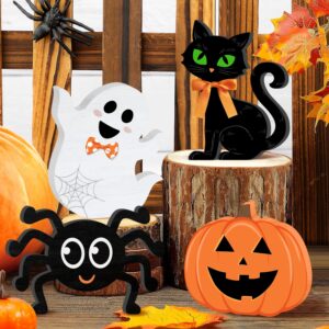 Halloween Wooden Signs Pumpkin Decor, 4PCS Halloween Table Signs Pumpkin Ghost Spider Black Cat Freestanding Rustic Decorative Signs, Halloween Tiered Tray Centerpiece Indoor Decorations for Home