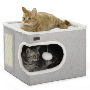 garnpet cat bed for indoor cats cube house, covered cat cave beds & furniture with scratch pad and hideaway tent, cute modern cat condo for multi small pet large kitten kitty, grey