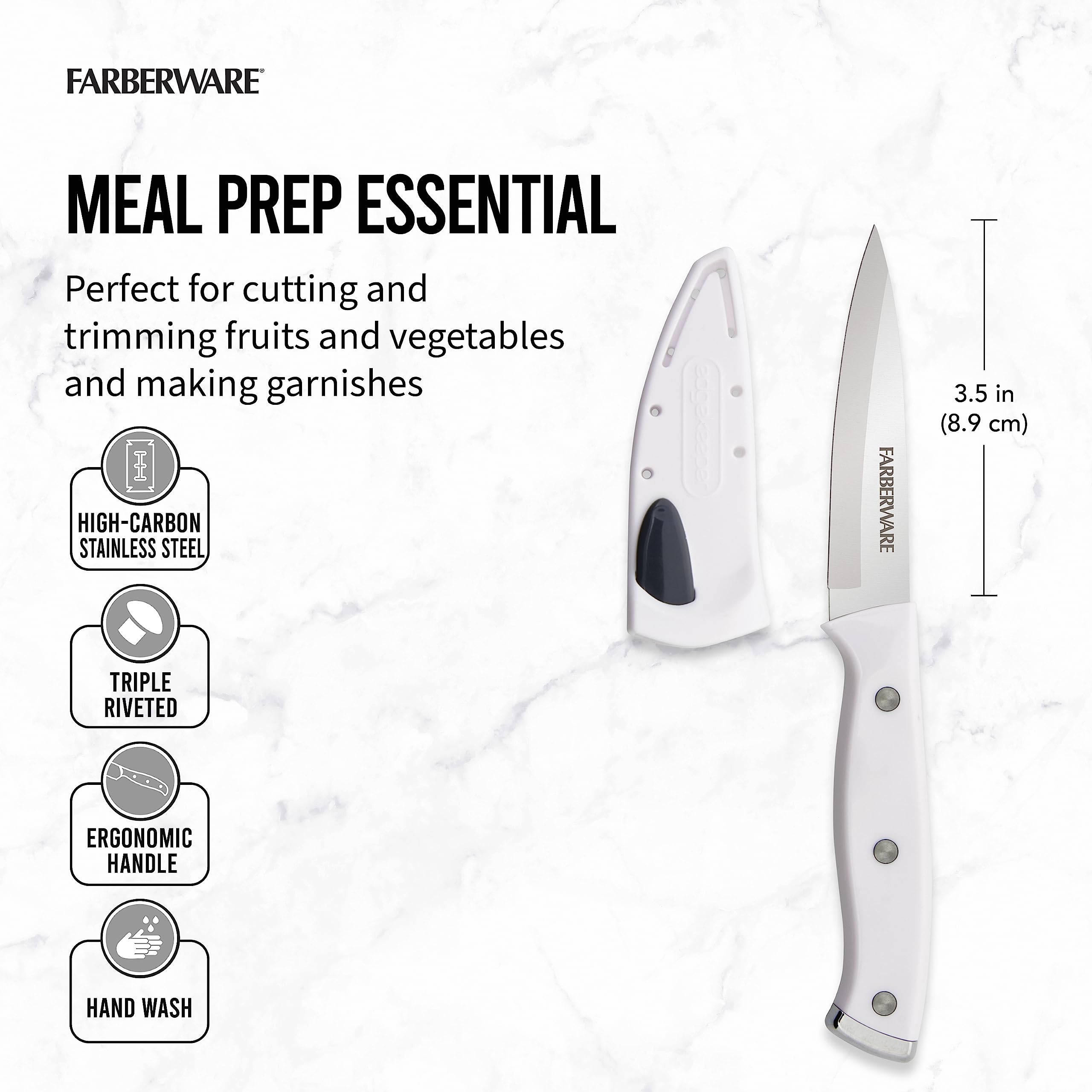 Farberware Edgekeeper Triple Riveted Paring Self-Sharpening Blade Cover, High Carbon-Stainless Steel Kitchen Ergonomic Handle, Razor-Sharp Knife, 3.5 Inch, White