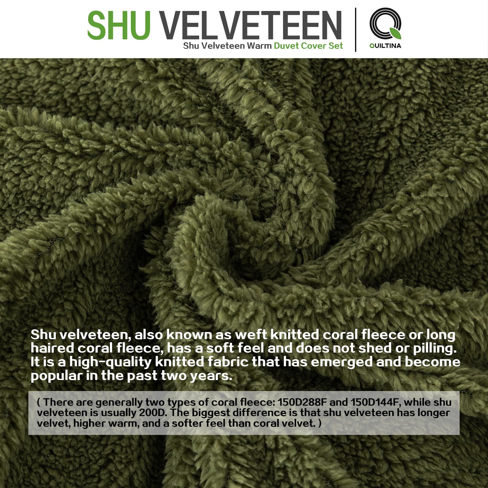 QUILTINA Shu Velveteen Warm Duvet Cover Set Queen Size with 2 Pillowcases, Coral Fleece Luxury Quilt Cover Anti-Static for Winter, Double Sided Velvet and Sanded Blanket, Army Green, 90" x 90"