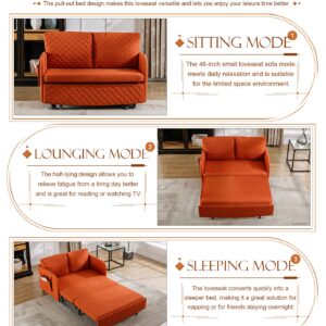 Pull Out Futon Sofa Bed, Convertible Small Loveseat Sleeper with Storage Drawer, 3 in 1 Futon Couch with Removable Pocket and 2 Pillows, Modern Love Seat for Living Room, Guest Room, Deep Orange