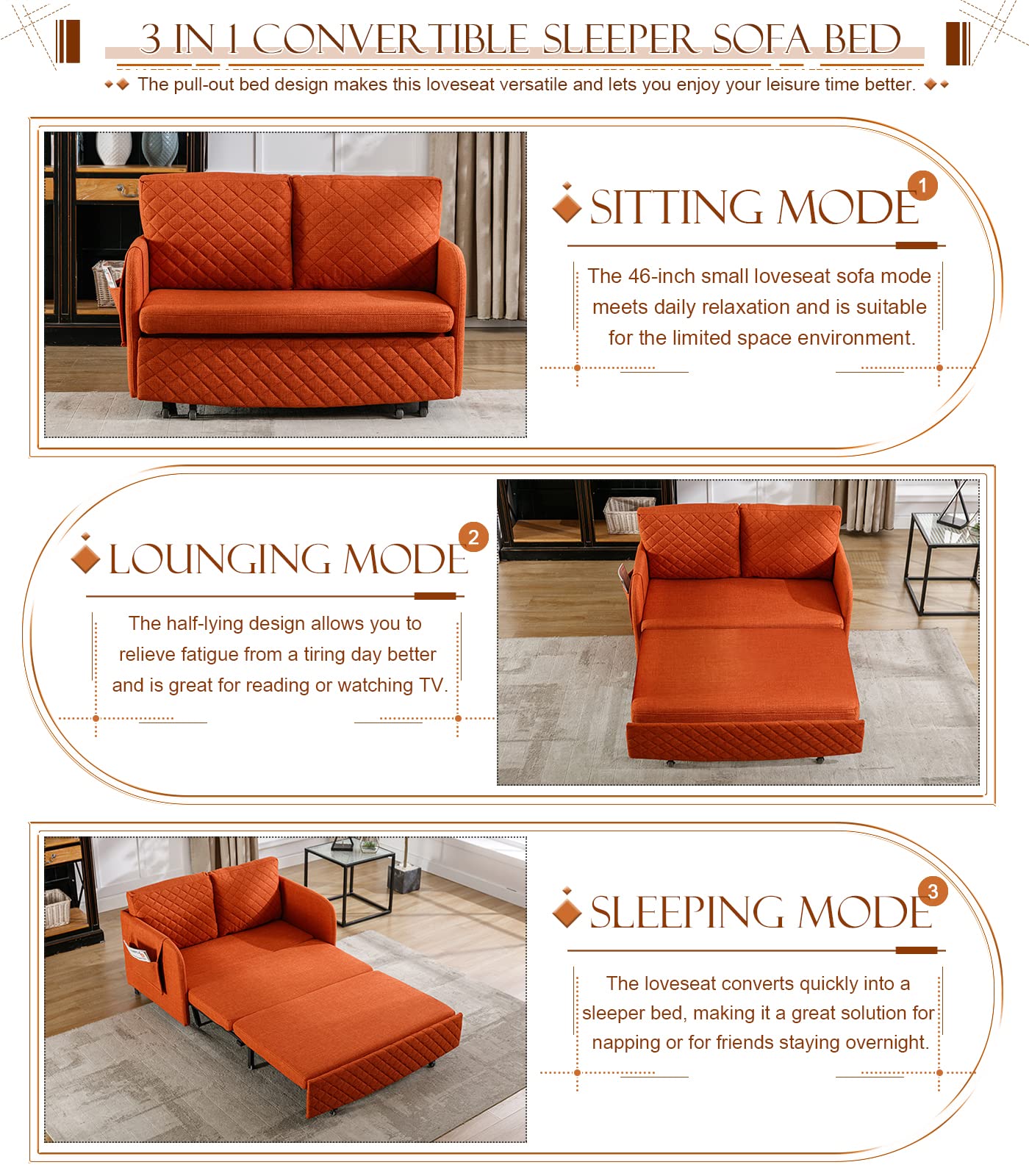 Pull Out Futon Sofa Bed, Convertible Small Loveseat Sleeper with Storage Drawer, 3 in 1 Futon Couch with Removable Pocket and 2 Pillows, Modern Love Seat for Living Room, Guest Room, Deep Orange